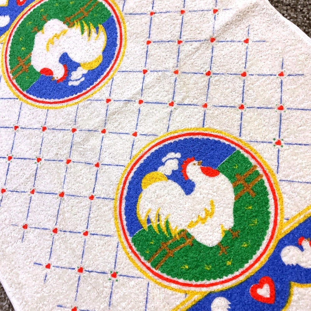 VTG CANNON‎ Hand Kitchen Towel Fringe 70s NOS Farmhouse Rooster Heart Checkered